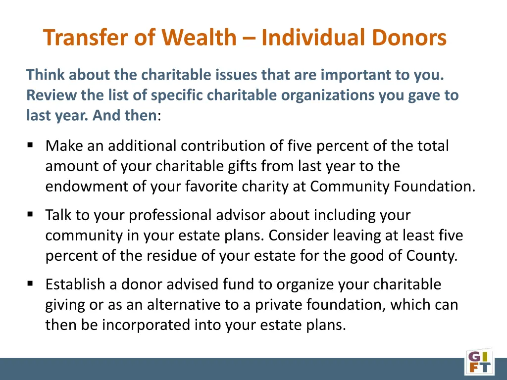 transfer of wealth individual donors