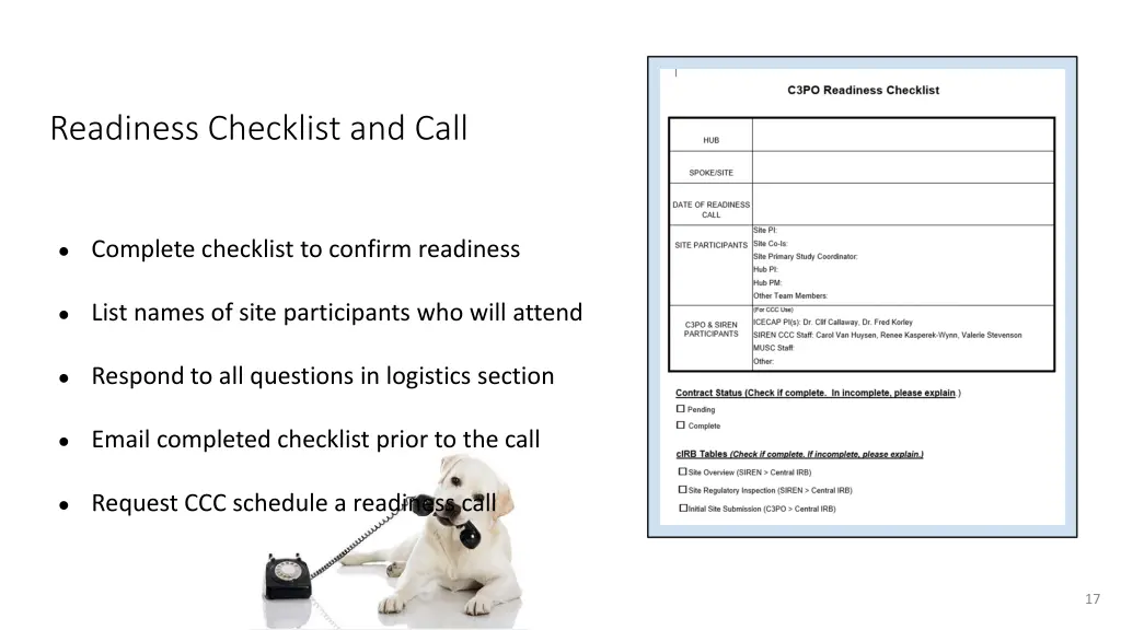 readiness checklist and call