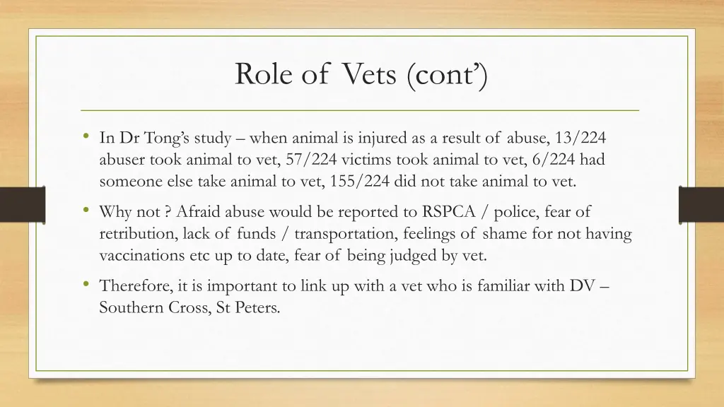 role of vets cont