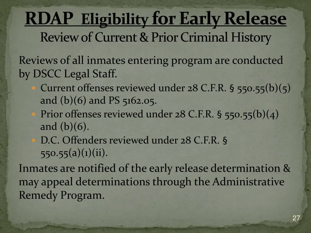 rdap eligibility for early release review