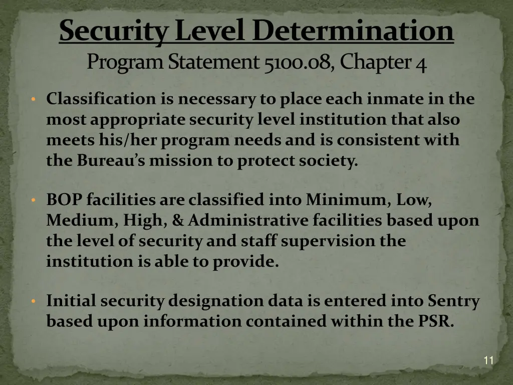 security level determination program statement