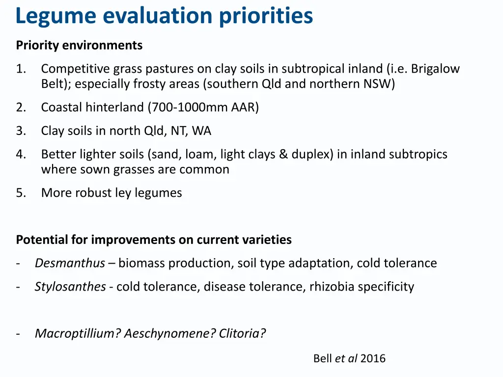 legume evaluation priorities