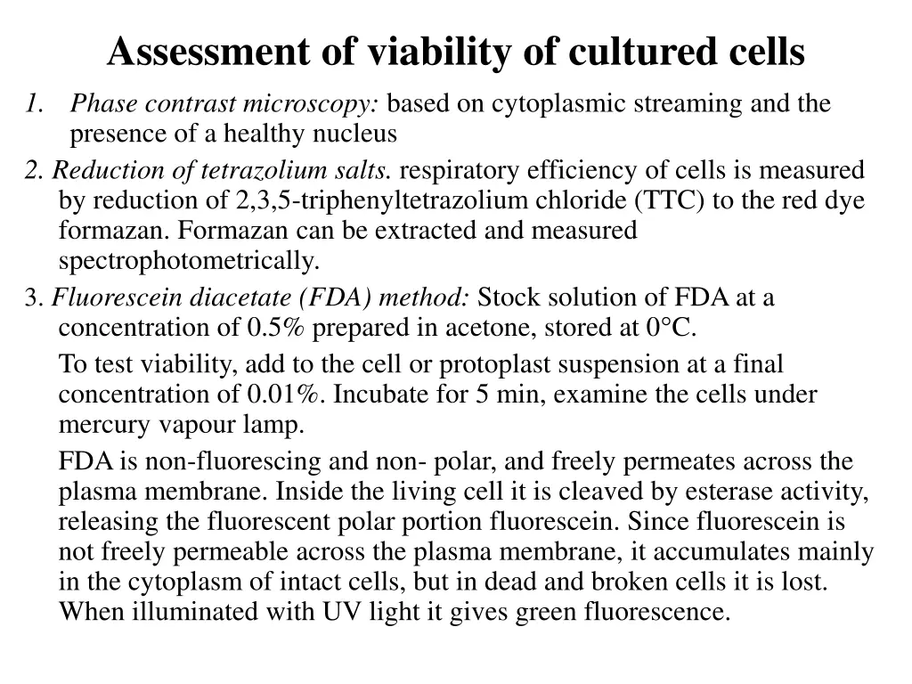 assessment of viability of cultured cells 1 phase