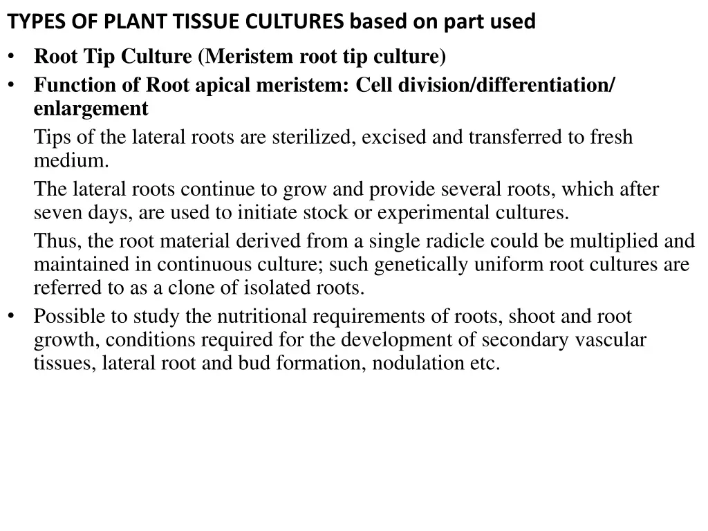 types of plant tissue cultures based on part used