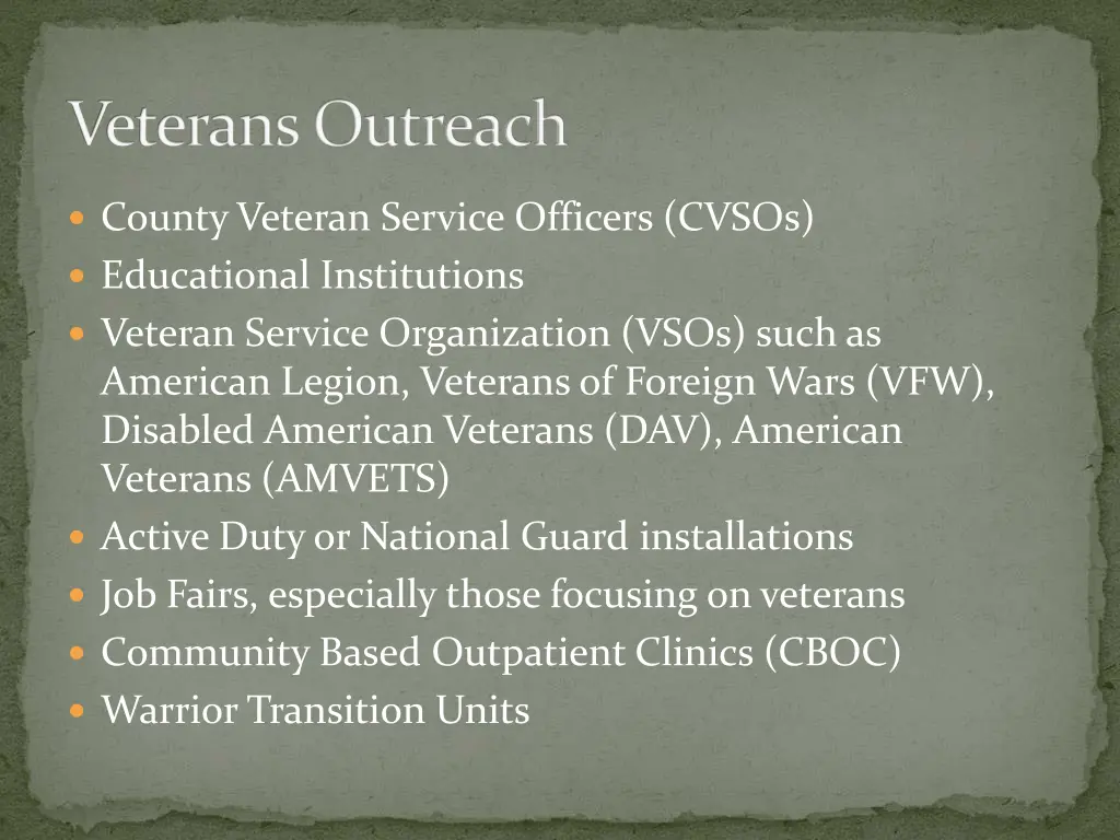 veterans outreach