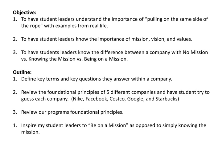 objective 1 to have student leaders understand