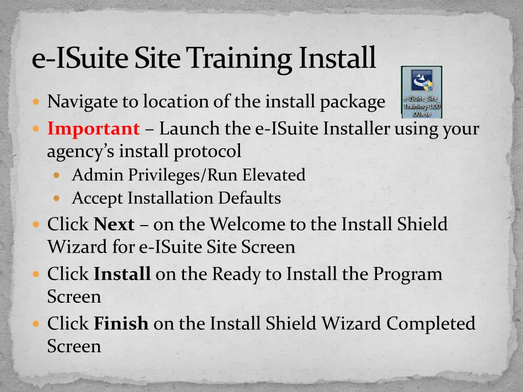 e isuite site training install