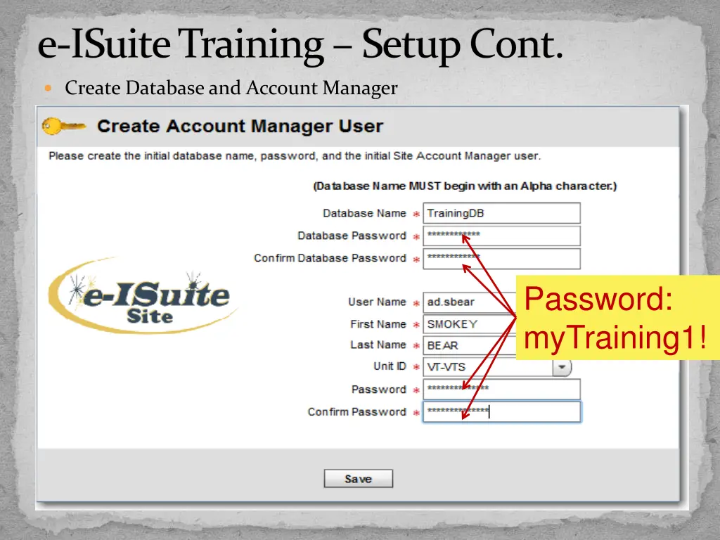 e isuite training setup cont