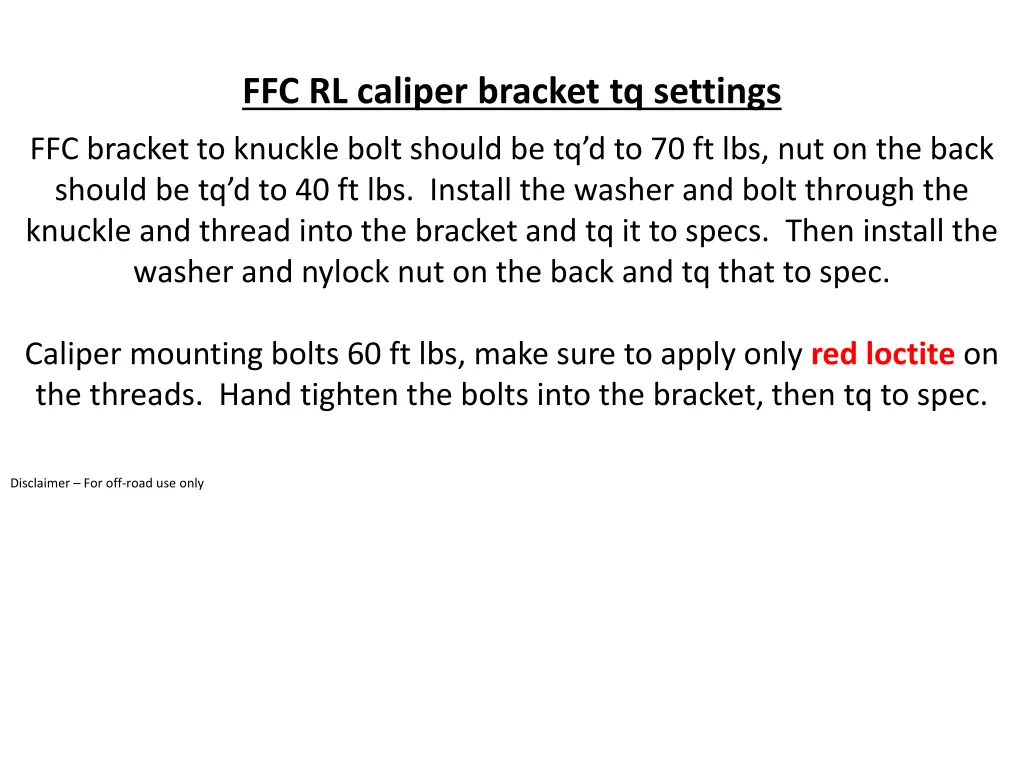 ffc rl caliper bracket tq settings