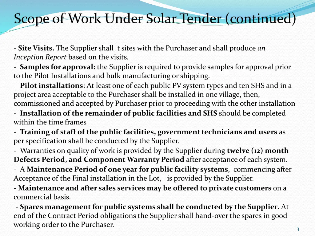 scope of work under solar tender continued