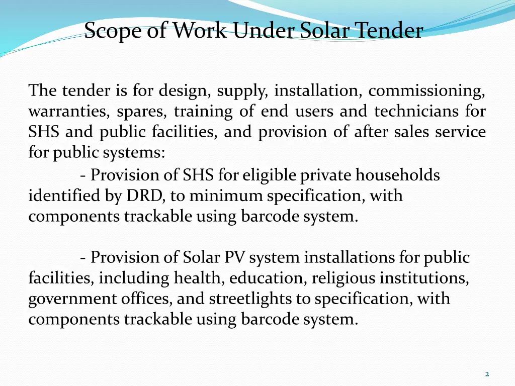 scope of work under solar tender