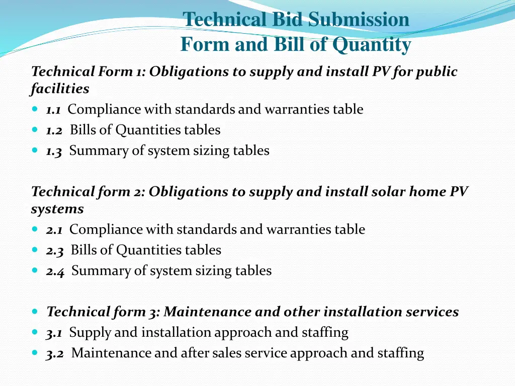 technical bid submission form and bill of quantity