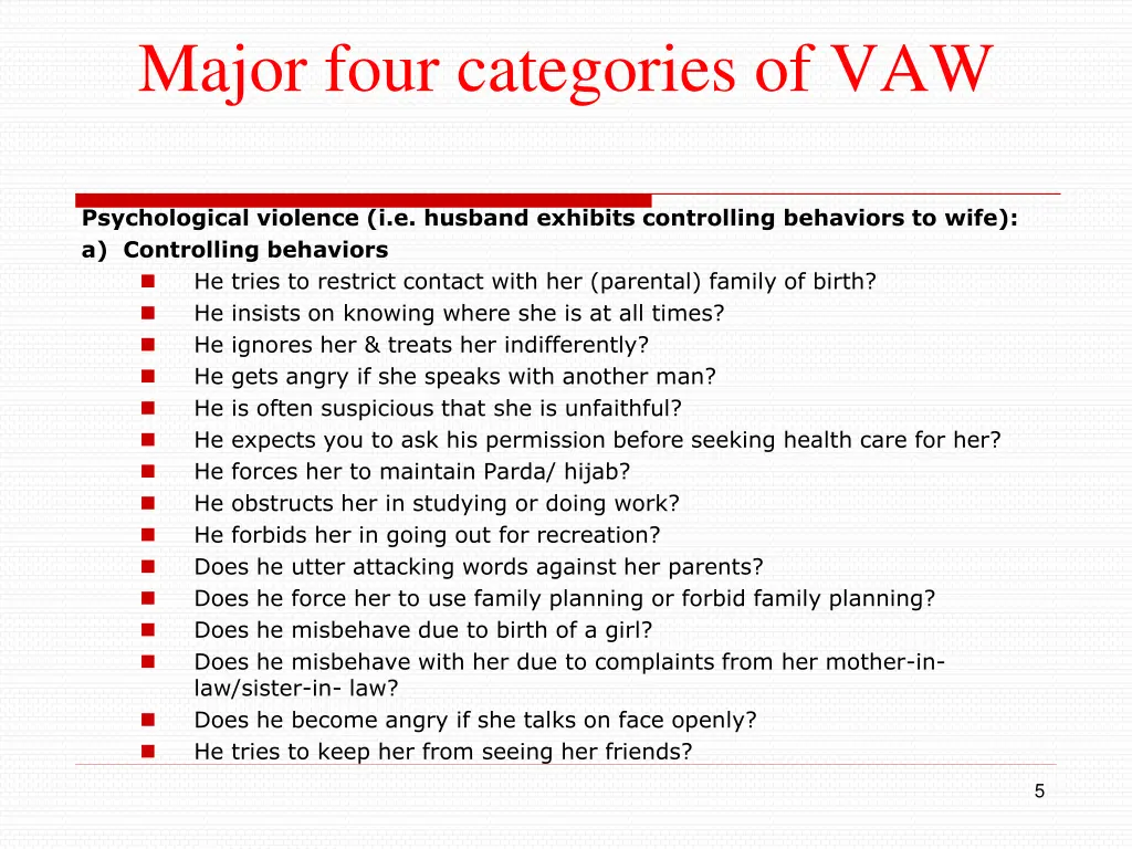 major four categories of vaw