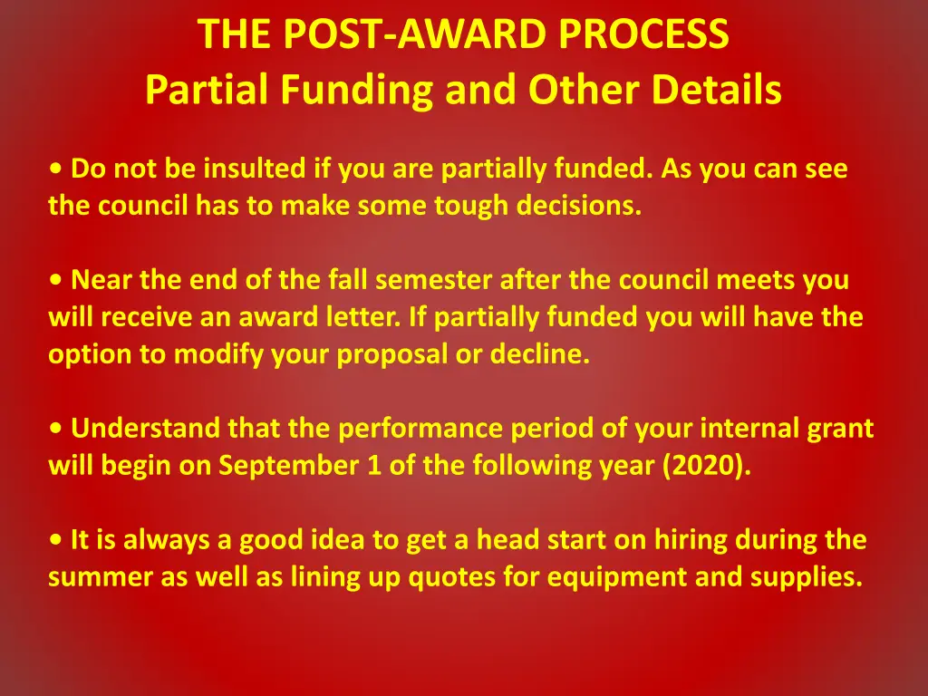 the post award process partial funding and other