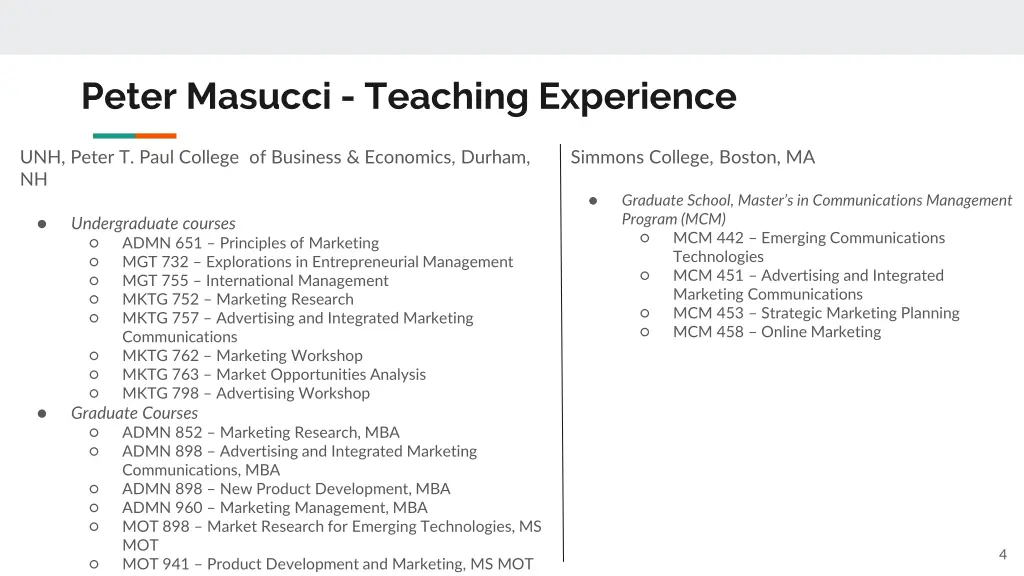 peter masucci teaching experience