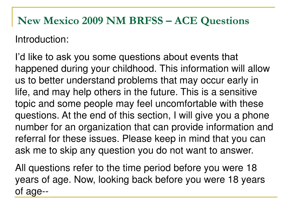 new mexico 2009 nm brfss ace questions