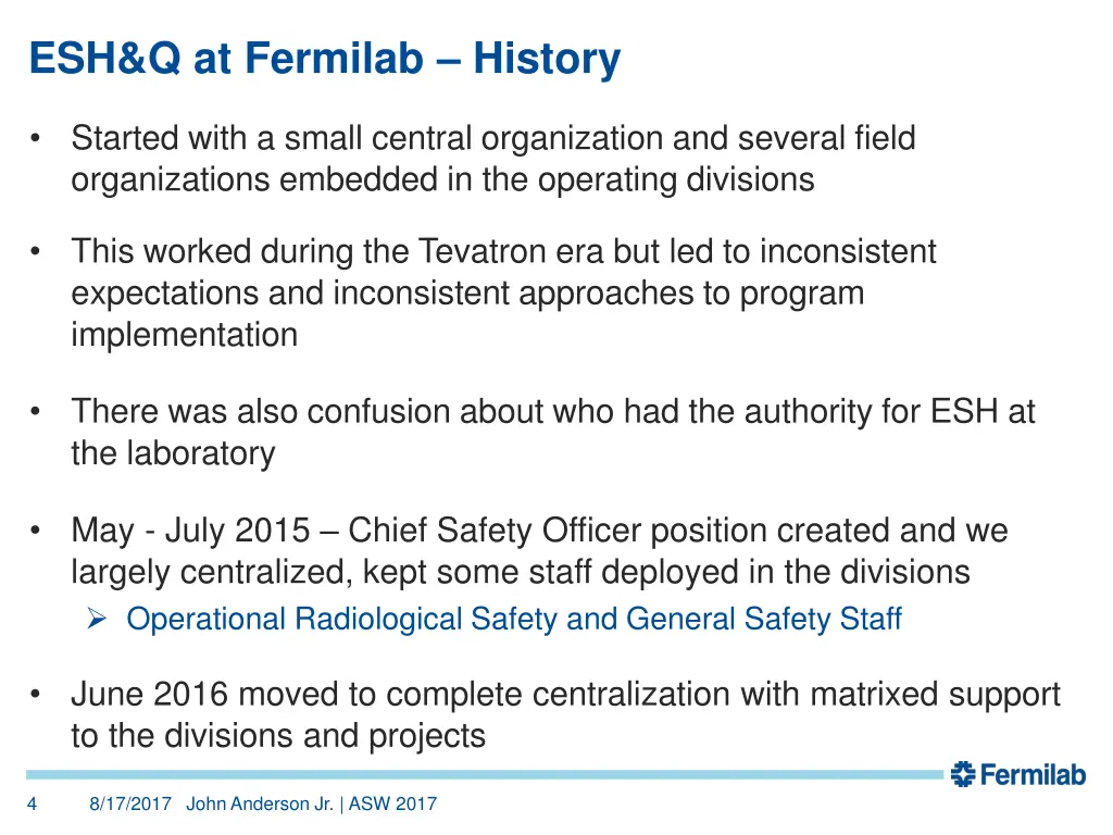 esh q at fermilab history