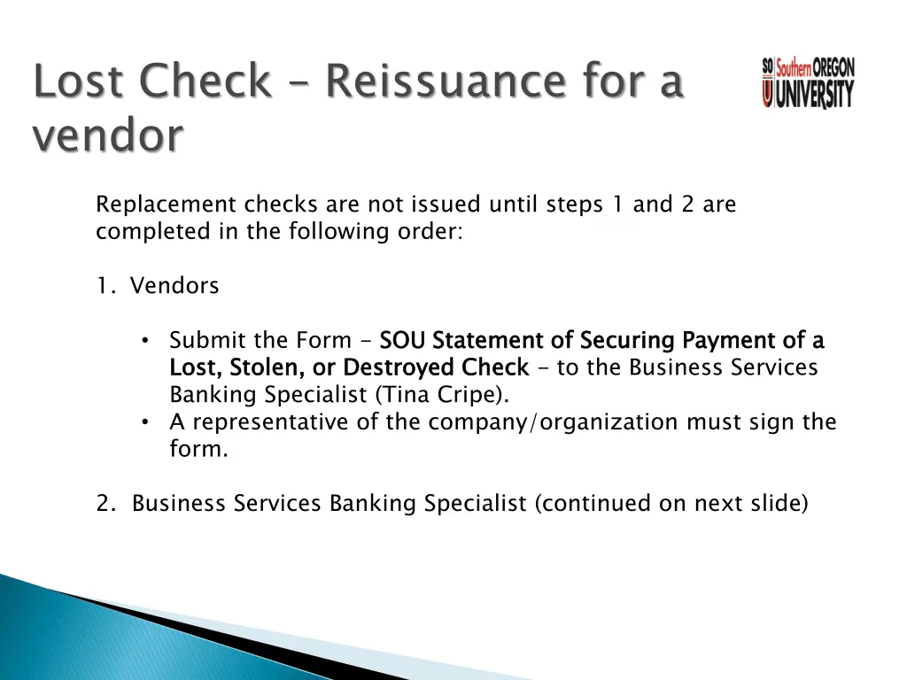 lost check reissuance for a vendor