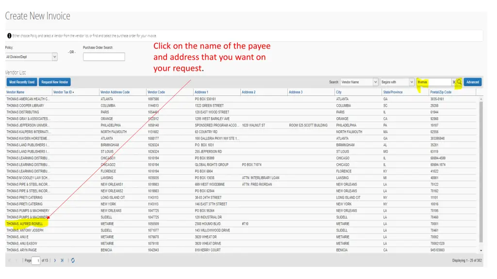 click on the name of the payee and address that