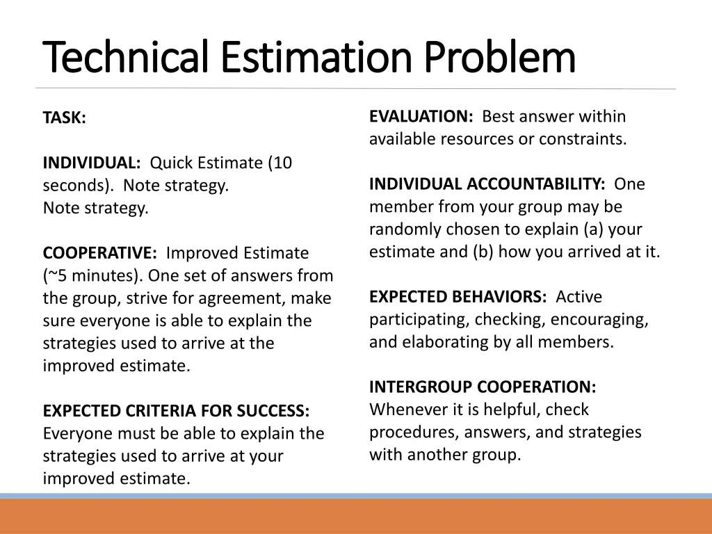 technical estimation problem technical estimation