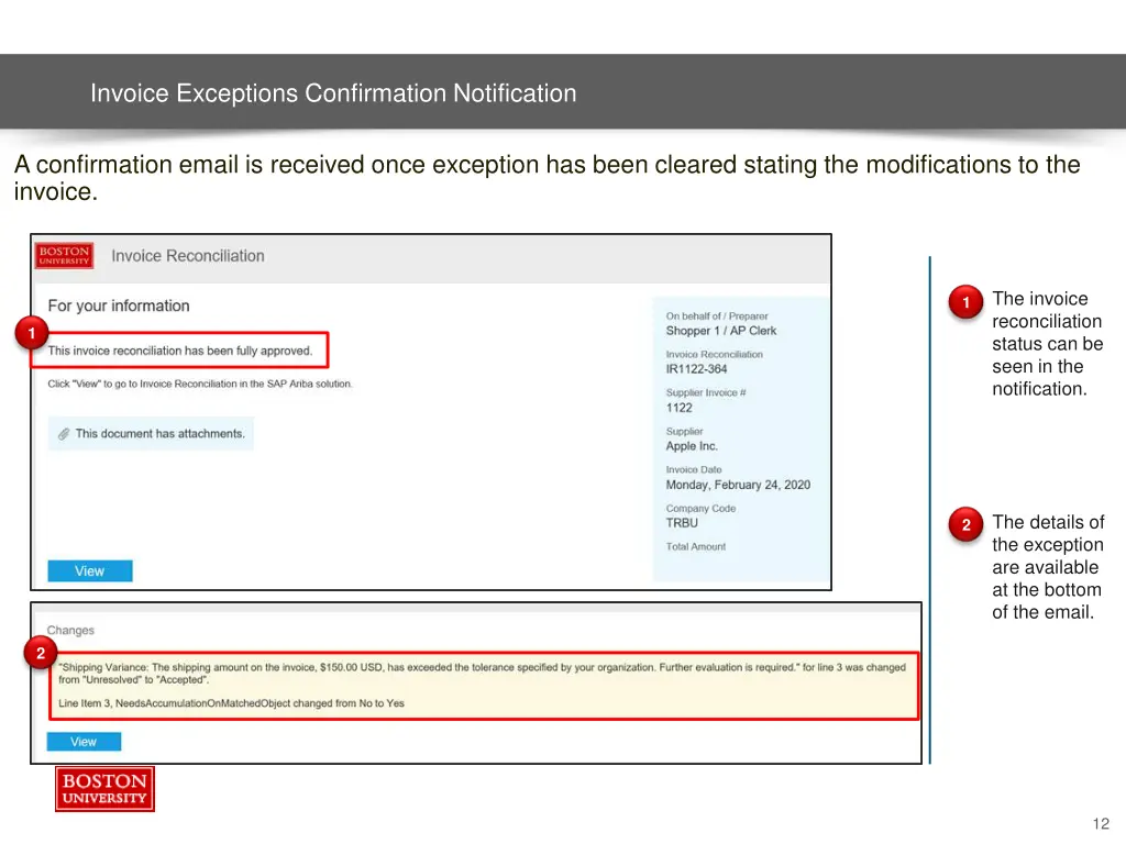 invoice exceptions confirmation notification