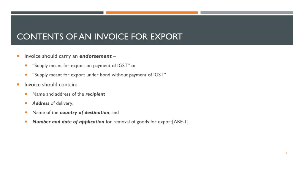 contents of an invoice for export