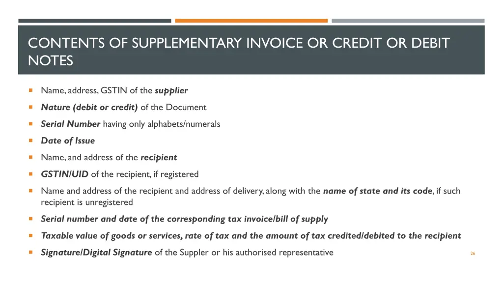 contents of supplementary invoice or credit