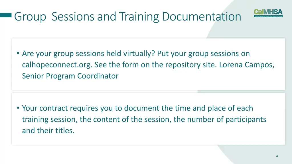 group sessions and training documentation