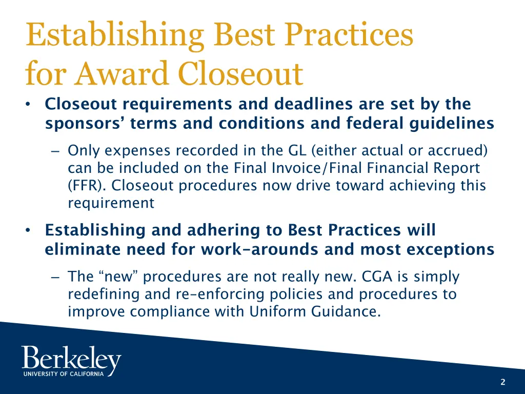 establishing best practices for award closeout