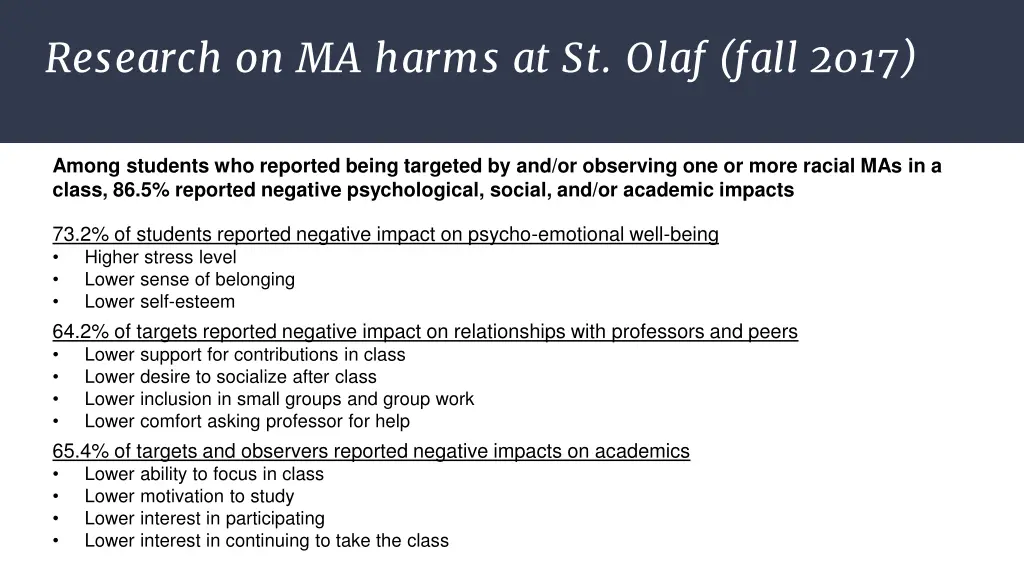 research on ma harms at st olaf fall 2017