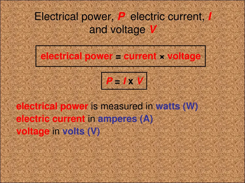 electrical power p electric current i and voltage