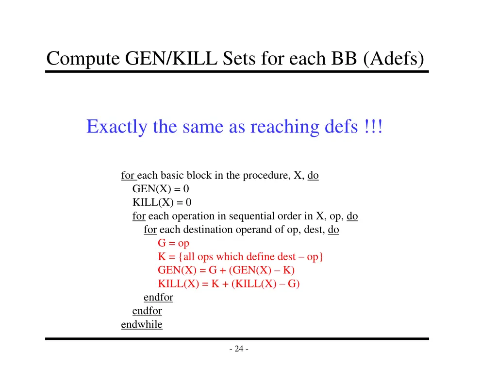 compute gen kill sets for each bb adefs