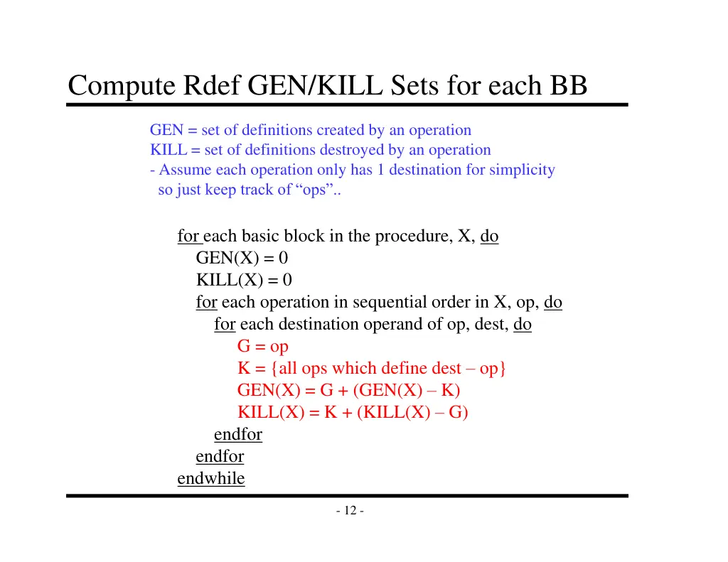 compute rdef gen kill sets for each bb