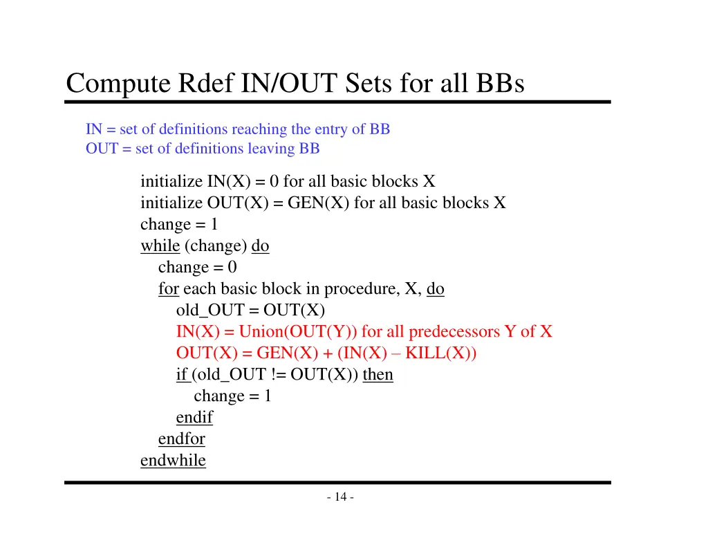 compute rdef in out sets for all bbs