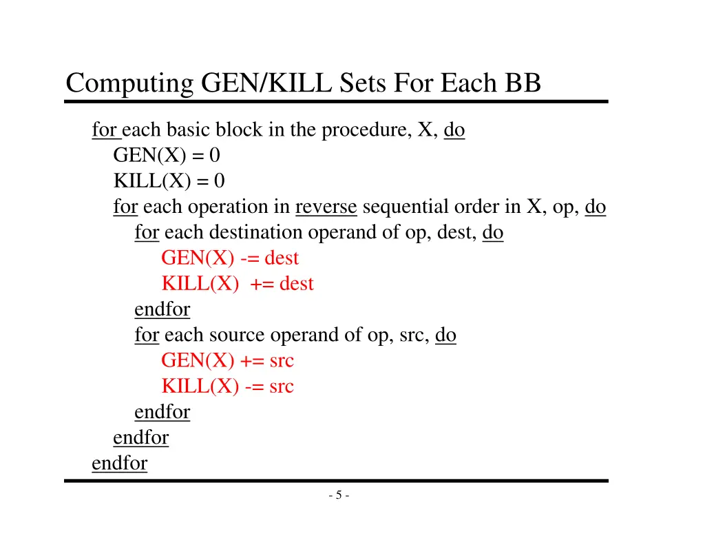 computing gen kill sets for each bb