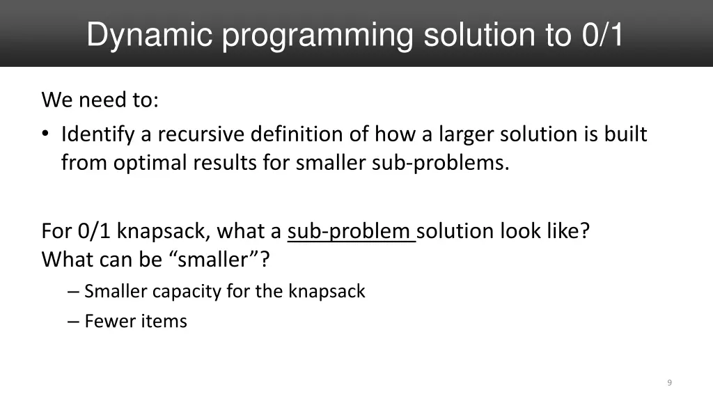 dynamic programming solution to 0 1