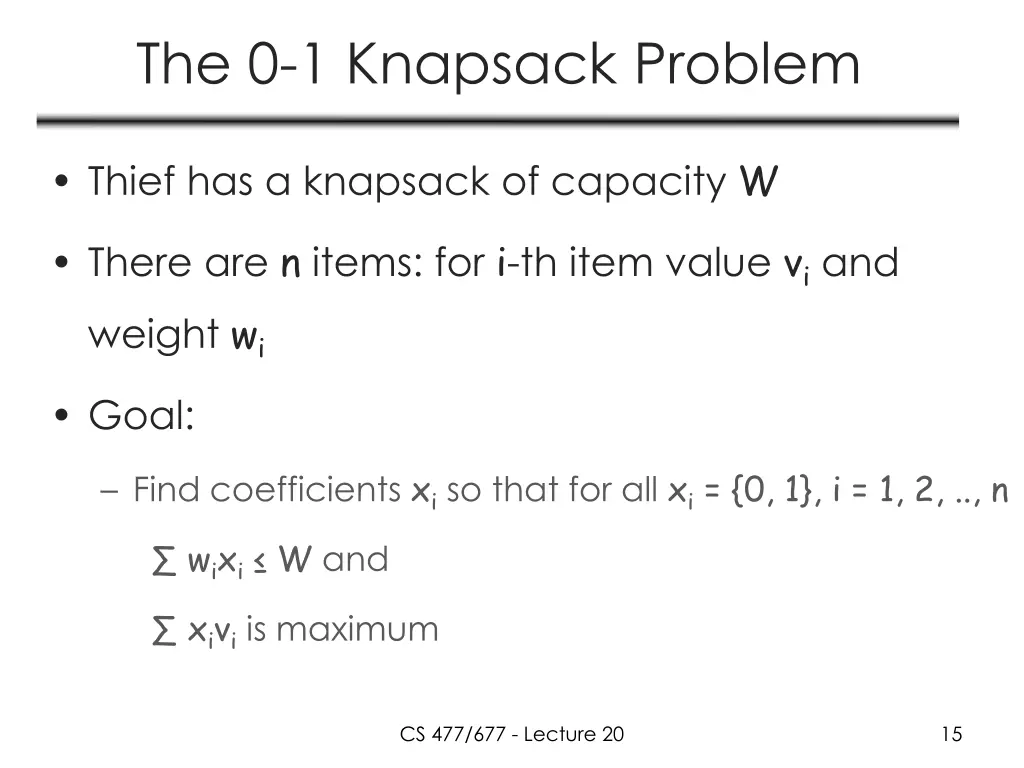 the 0 1 knapsack problem