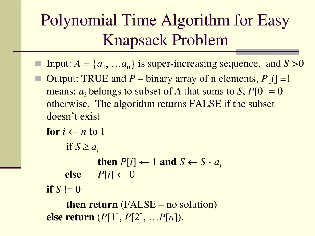 polynomial time algorithm for easy knapsack