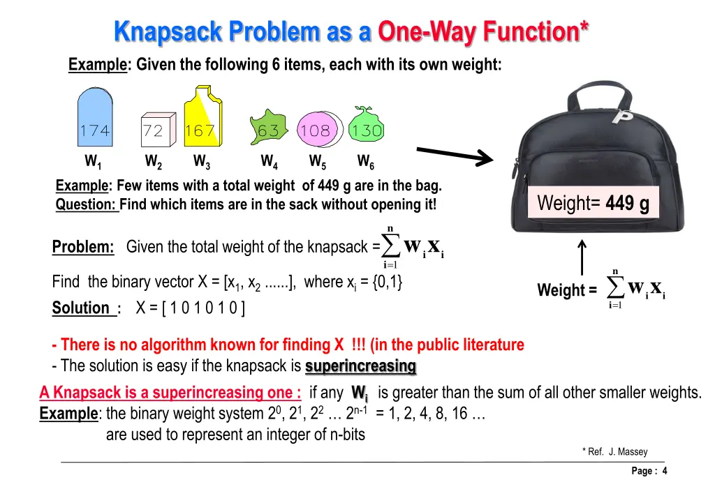 knapsack problem as a one way function example