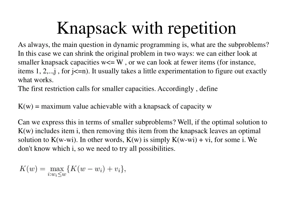 knapsack with repetition as always the main