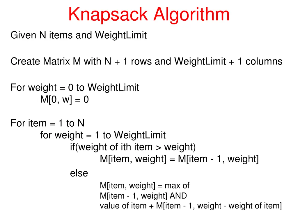 knapsack algorithm given n items and weightlimit