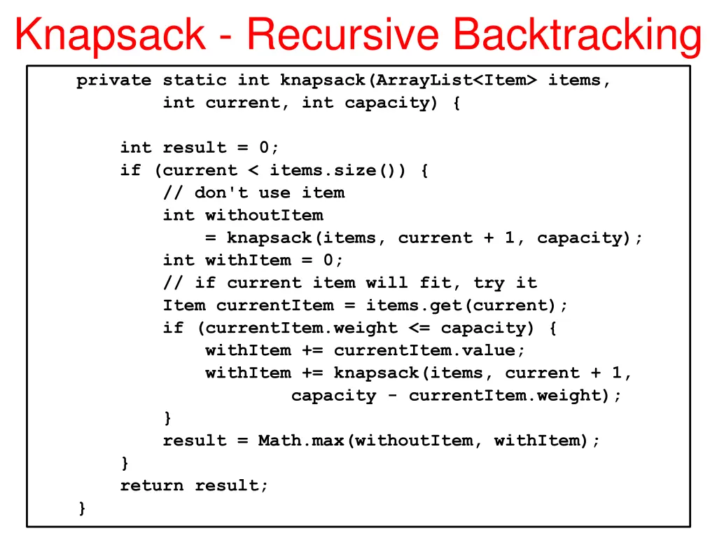 knapsack recursive backtracking