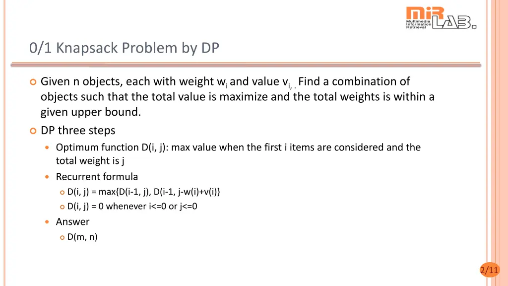 0 1 knapsack problem by dp