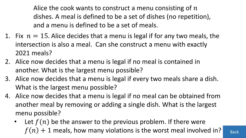 alice the cook wants to construct a menu