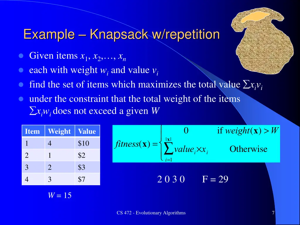 example knapsack w repetition