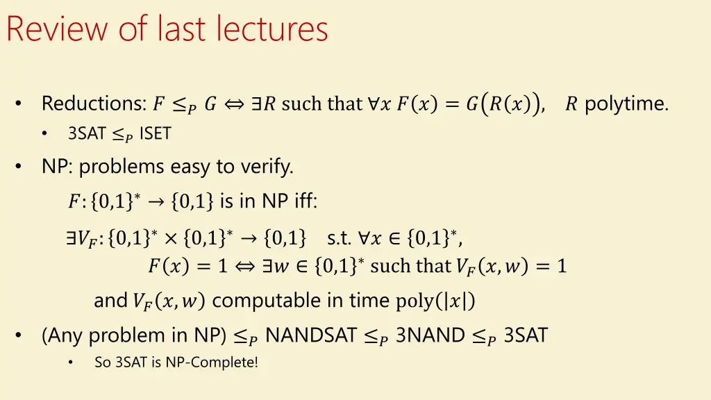 review of last lectures