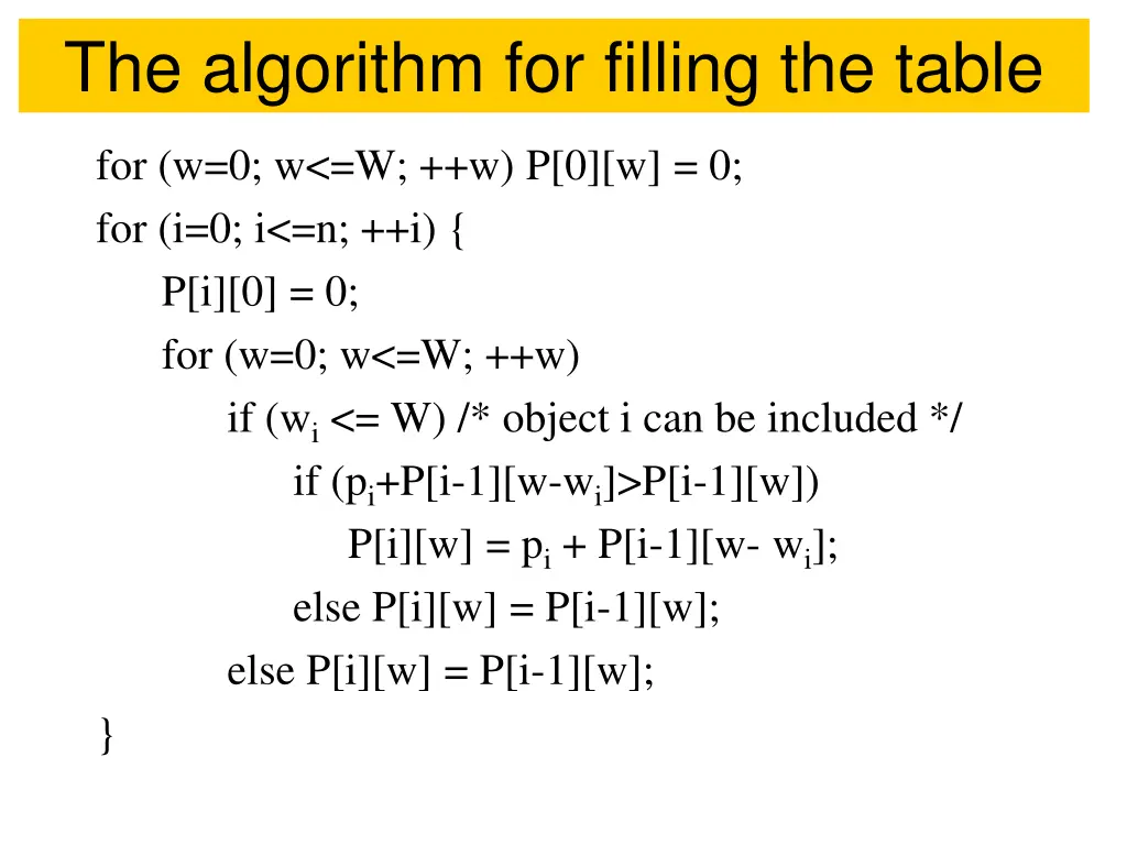 the algorithm for filling the table