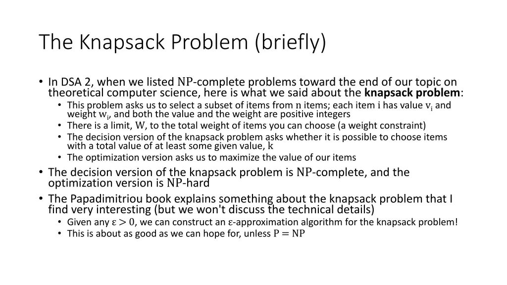 the knapsack problem briefly