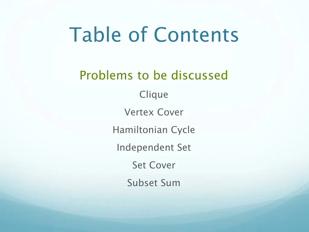 table of contents