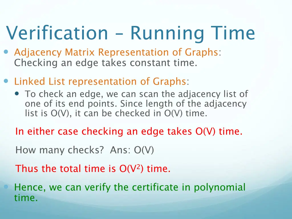 verification running time adjacency matrix